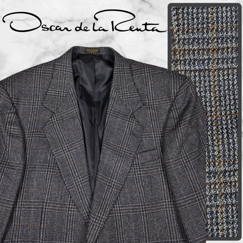 Oscar de la Renta Blazer Jacket Men 44R Plaid Tweed Grey Brown Wool Designer